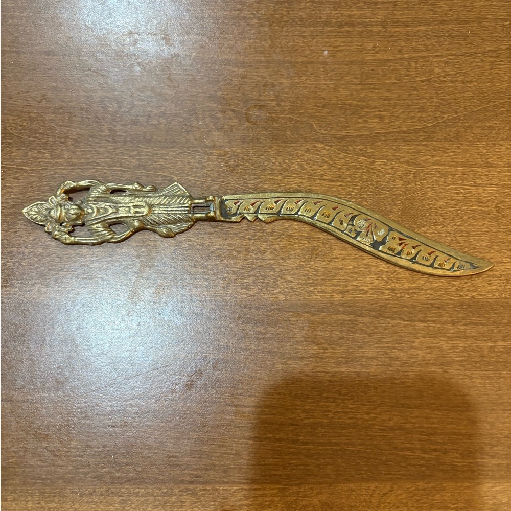 Vintage Antique Brass Indian Letter Opener with Cultural Design